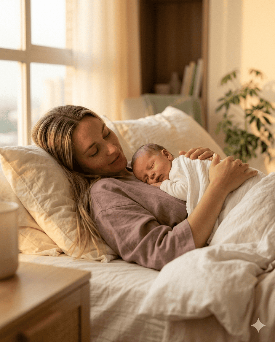 Mamá con su bebé descansando en un ambiente tranquilo en casa