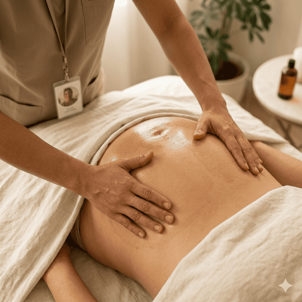 Mamá embarazada recibiendo drenaje linfático prenatal en casa