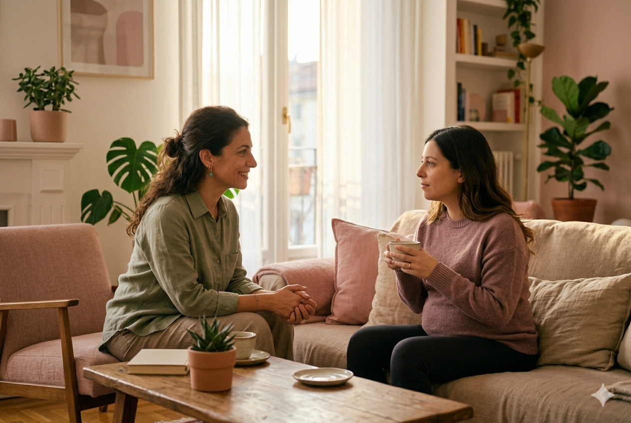 Terapeuta en sesión de apoyo emocional con mamá en casa